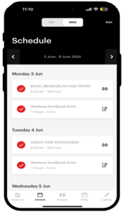 A smartphone screen shows a fitness schedule with dates and exercises listed for an upcoming workout sessions