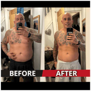 Before and after transformation of a CWPT client, showcasing muscle gain and fat loss through personal training and coaching services.