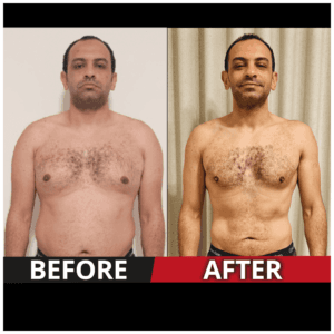 Before and after transformation of a CWPT client, showcasing muscle gain and fat loss through personal training and coaching services.