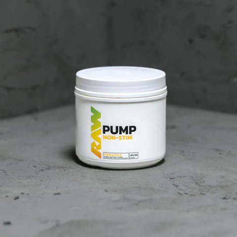 RAW Pump Non-Stim – a stimulant-free pre-workout designed to enhance blood flow, muscle pumps, and endurance with powerful nitric oxide boosters like L-Arginine