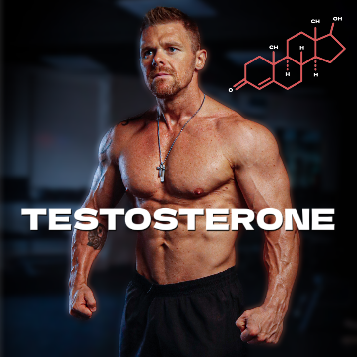 Muscular man flexing muscles with testosterone chemical structure, symbolizing the benefits of optimal testosterone levels